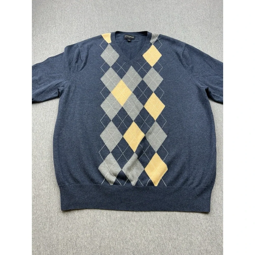 Banana Republic Cotton Argyle Sweater‎ Mens XL Pullover Blue Yellow Gray Vneck